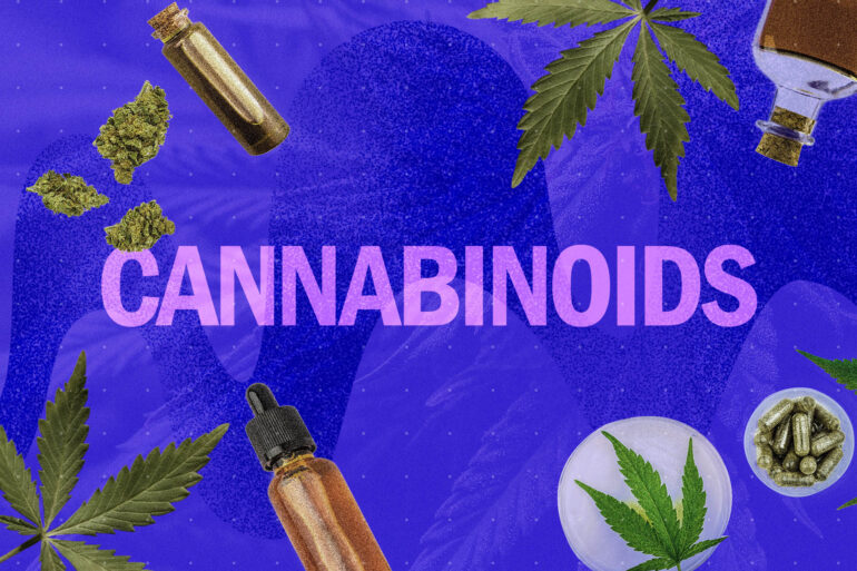 CBD oil, flower, plant with the text cannabinoids in the center