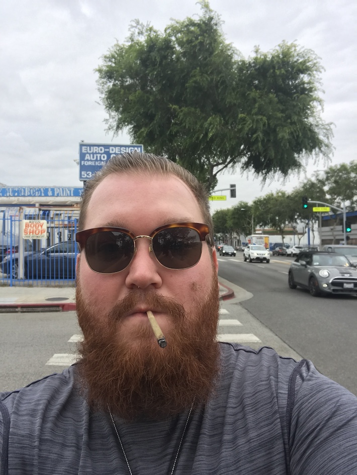 Dan LaMorte smoking a cannabis joint in Los Angeles