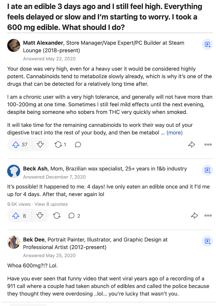 Comment thread from quora about cannabis edible experience