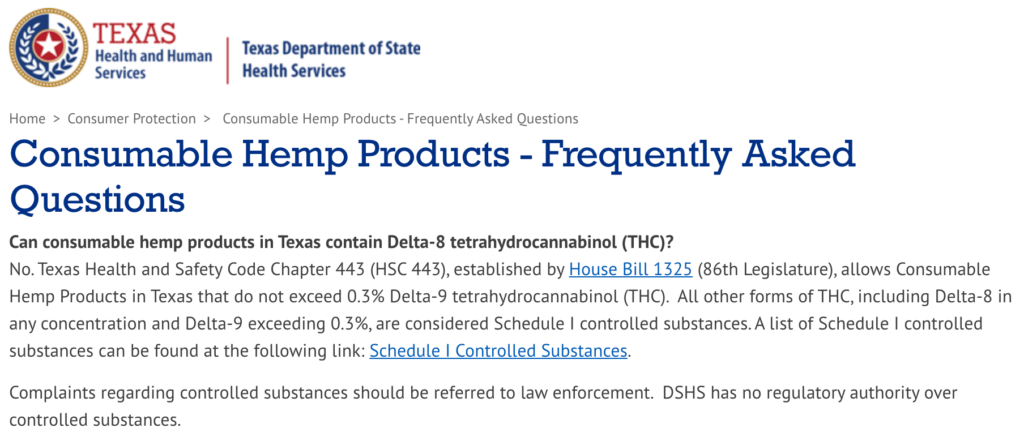 Delta-8 THC legal status according to Texas DSHS