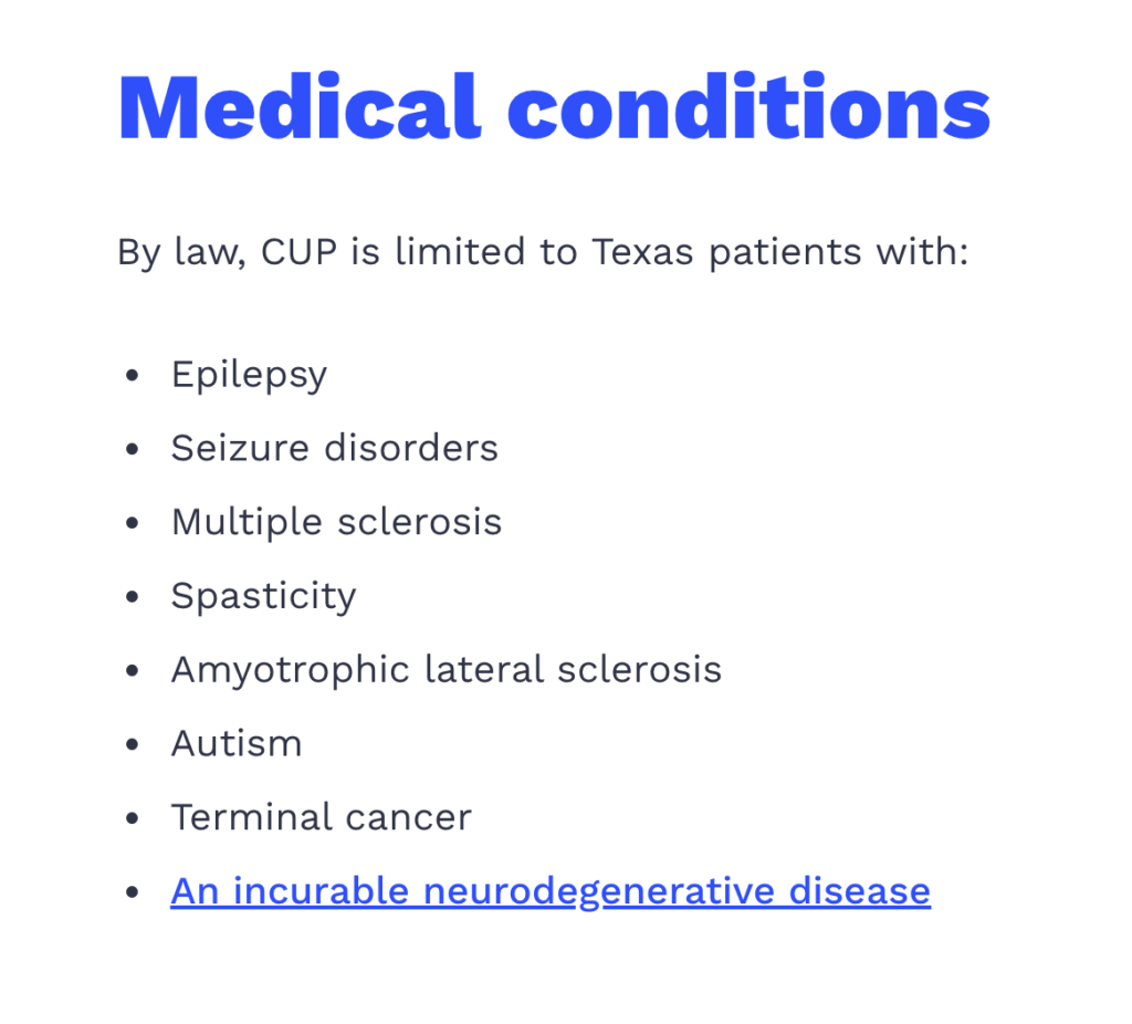 Qualifying medical conditions for Texas compassionate use program