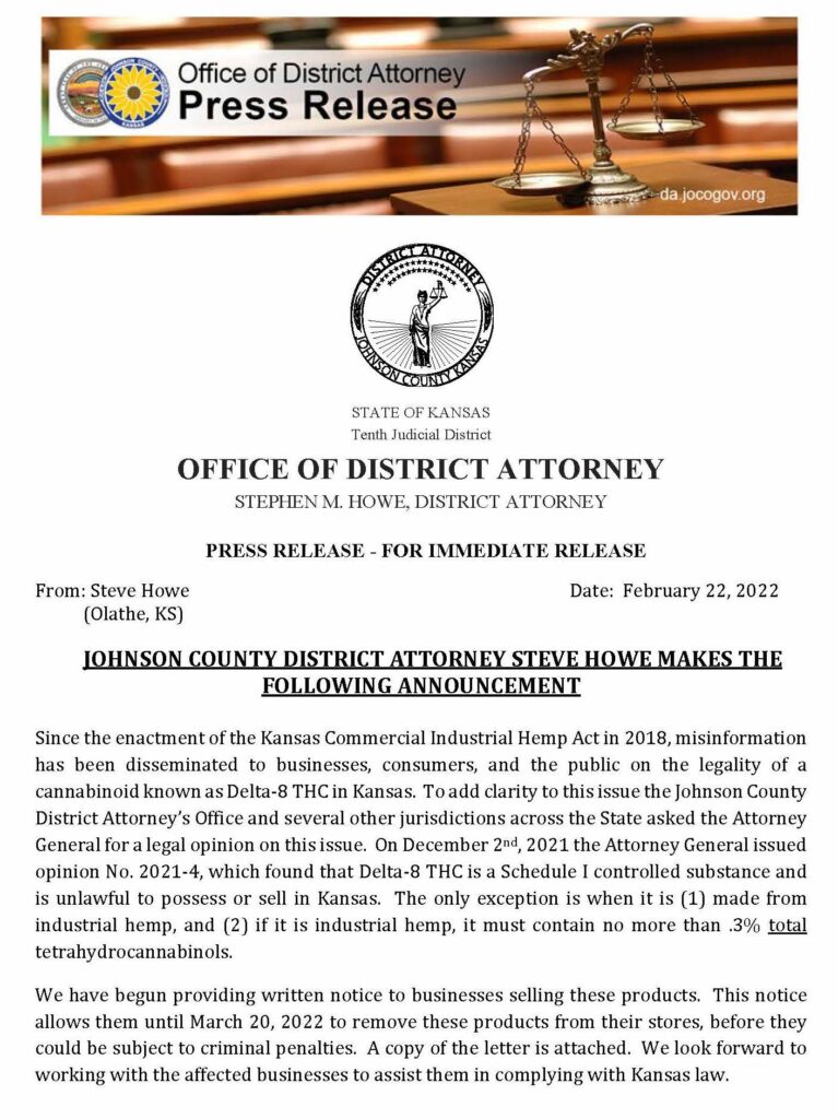 Kansas District Attorney press release announcement about delta-8 THC legality