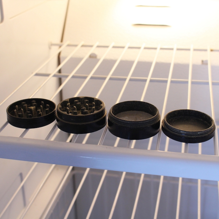 Placing weed grinder in the freezer for a deeper clean
