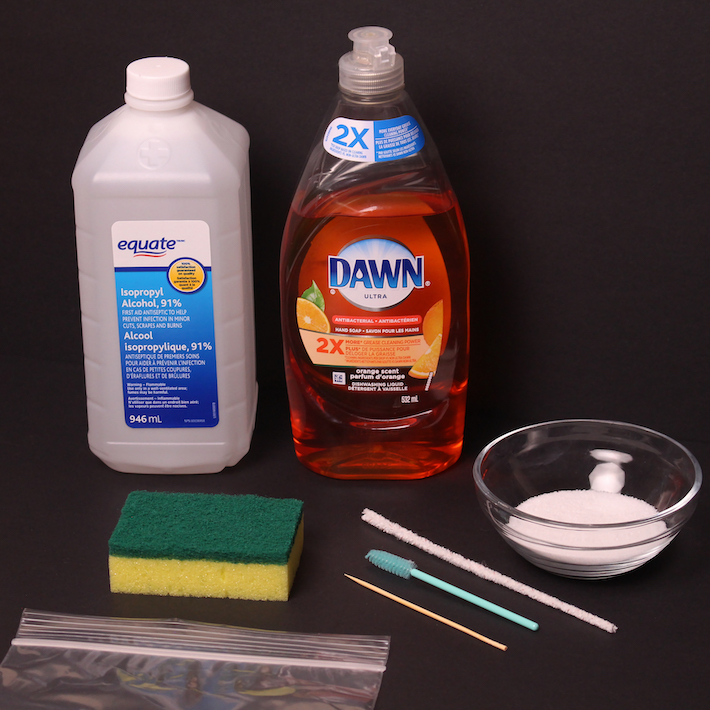 Alcohol, dish soap, sponge, pipe cleaners