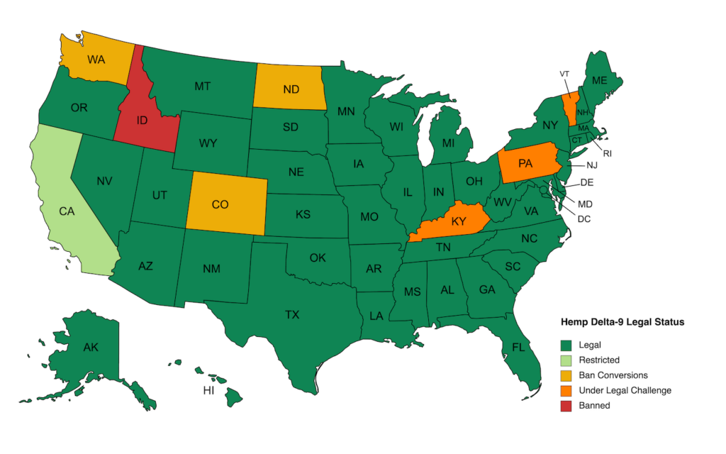 Map Showing Legality of Hemp Delta-9 in United States