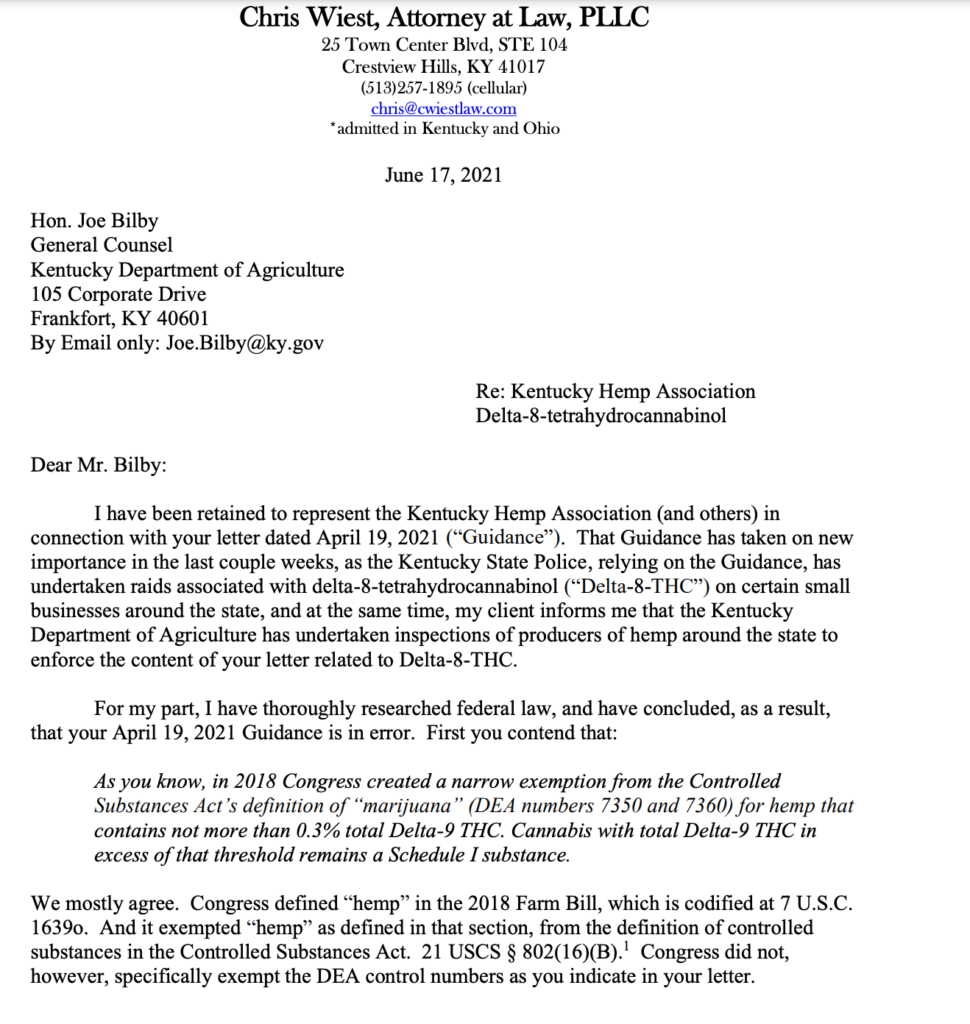 Kentucky Hemp Association letter to KDA to keep delta-8 legal in the state