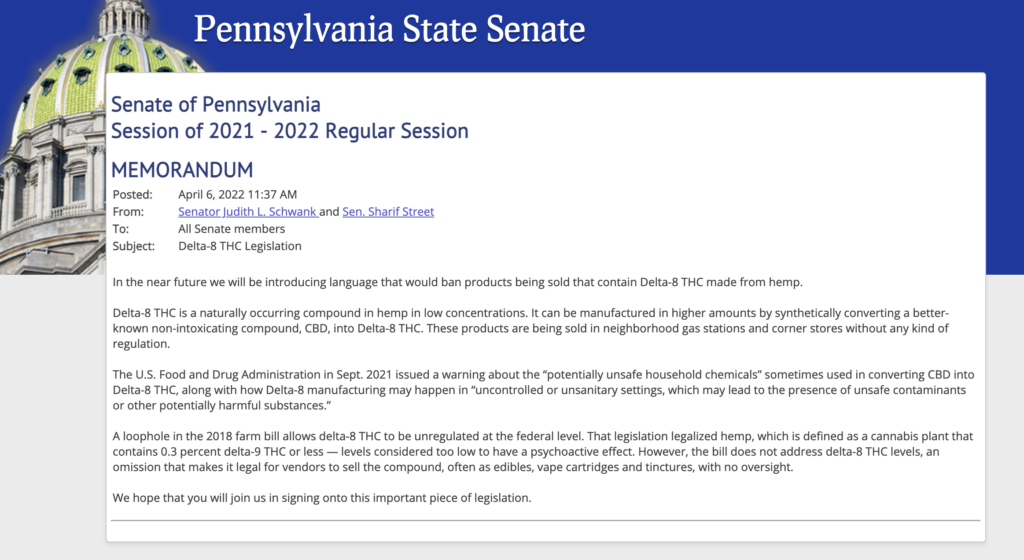 Pennsylvania state senate letter about delta-8 thc legal status in the state
