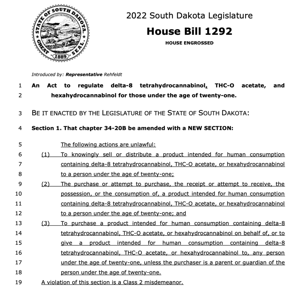 South Dakota house bill 1292 regulates delta-8 THC in the state