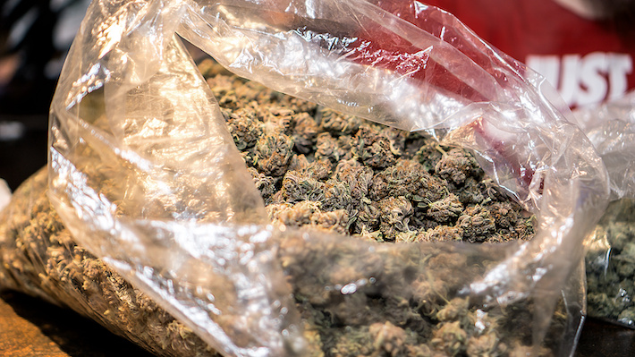 Large bag of marijuana flower for sale at a store in Chicago