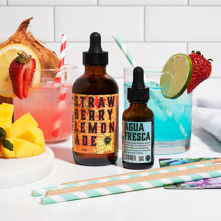 Delta 8 tincture oil product with fruity beverages