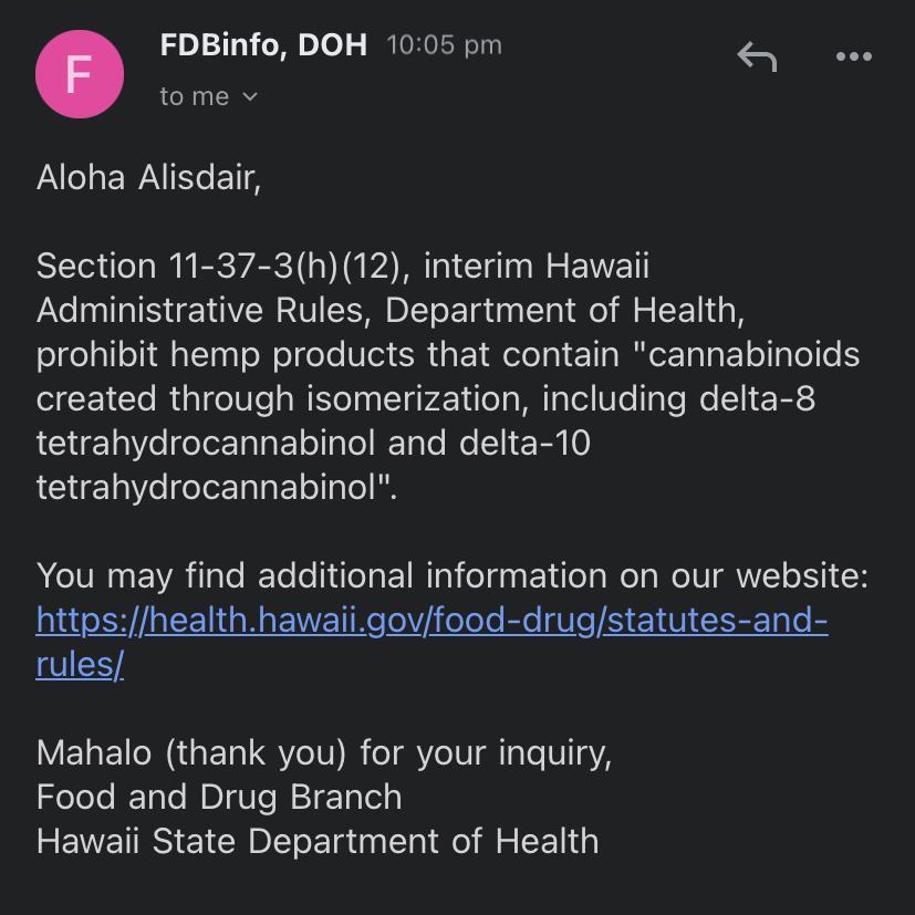 Hawaii State Department of Health provides details about delta-8 legal status in email correspondence