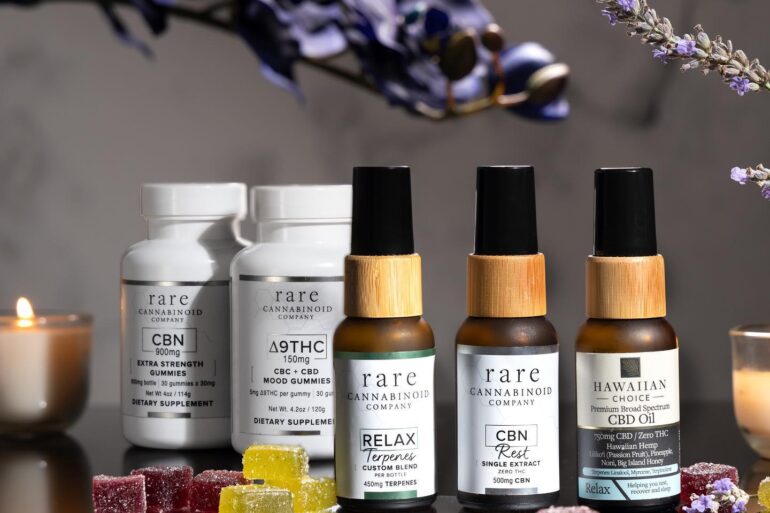 Lineup of products made by Rare Cannabinoid Company
