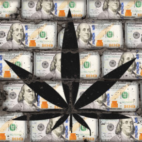 US dollar bills and cannabis leaf