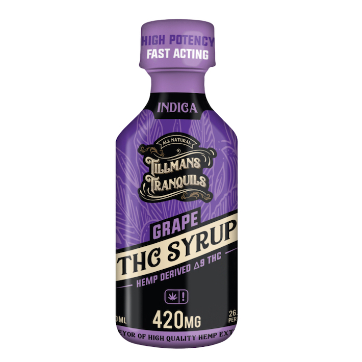 Hemp-derived delta-9 THC syrup product with grape flavor