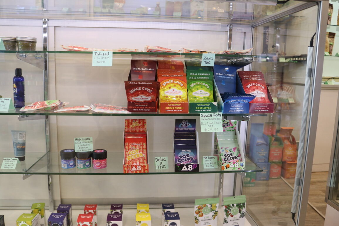 Hemp-derived CBD and THC products for sale at a local retail store