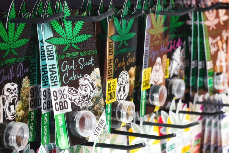 CBD and delta-8 THC products on display at a cannabis store in Wyoming