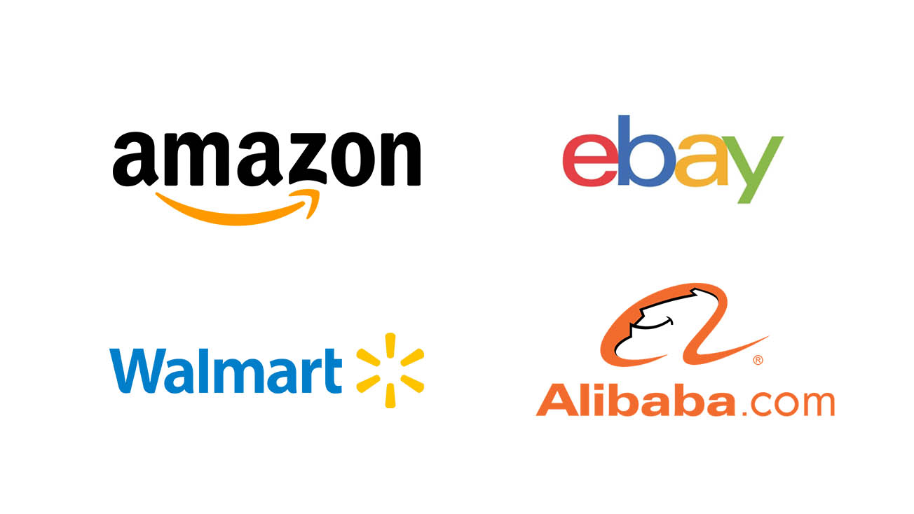 Company logos of Amazon, eBay, Walmart, and Alibaba