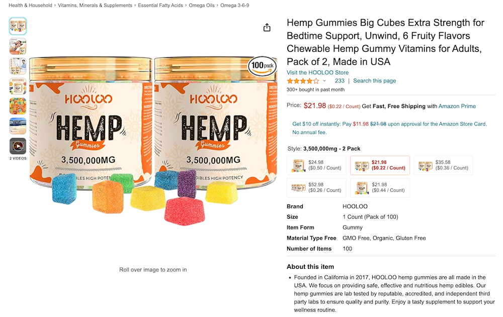 Screenshot of a product claiming to have impossible amounts of hemp extract