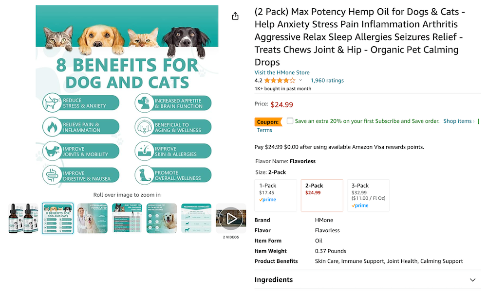 Amazon product page for pet hemp oil with unapproved medical claims