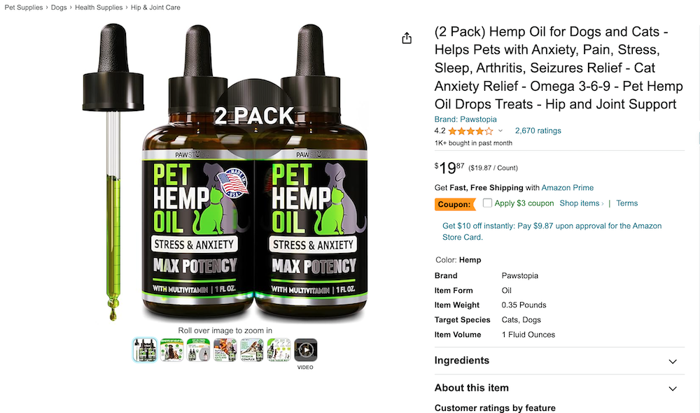 Pet hemp oil sold on Amazon with unapproved medical claim