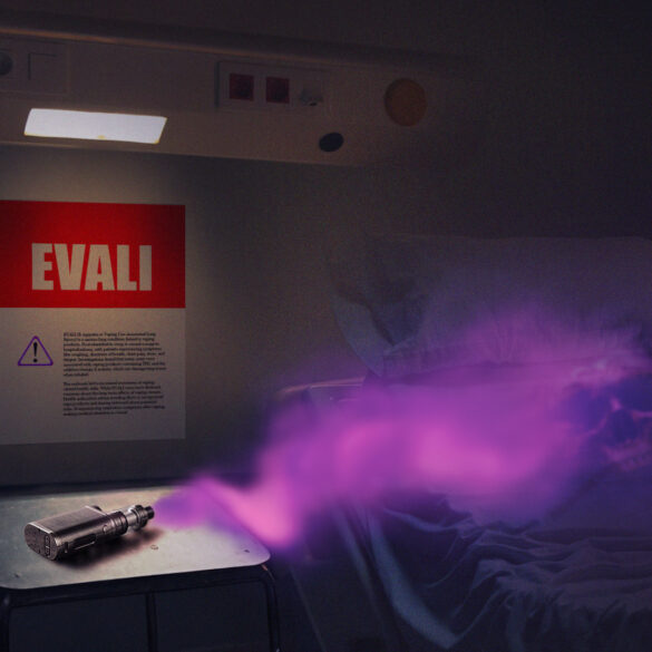 Hospital bed with a vape pen and EVALI poster on the wall