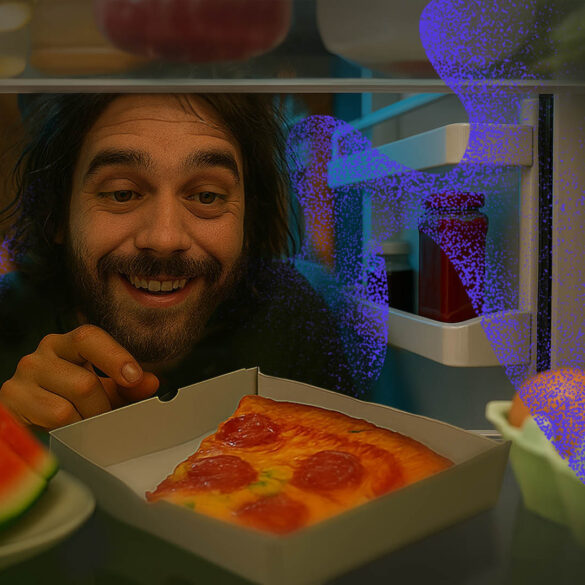 Cannabis user choosing a healthy munchie food from the fridge instead of pizza